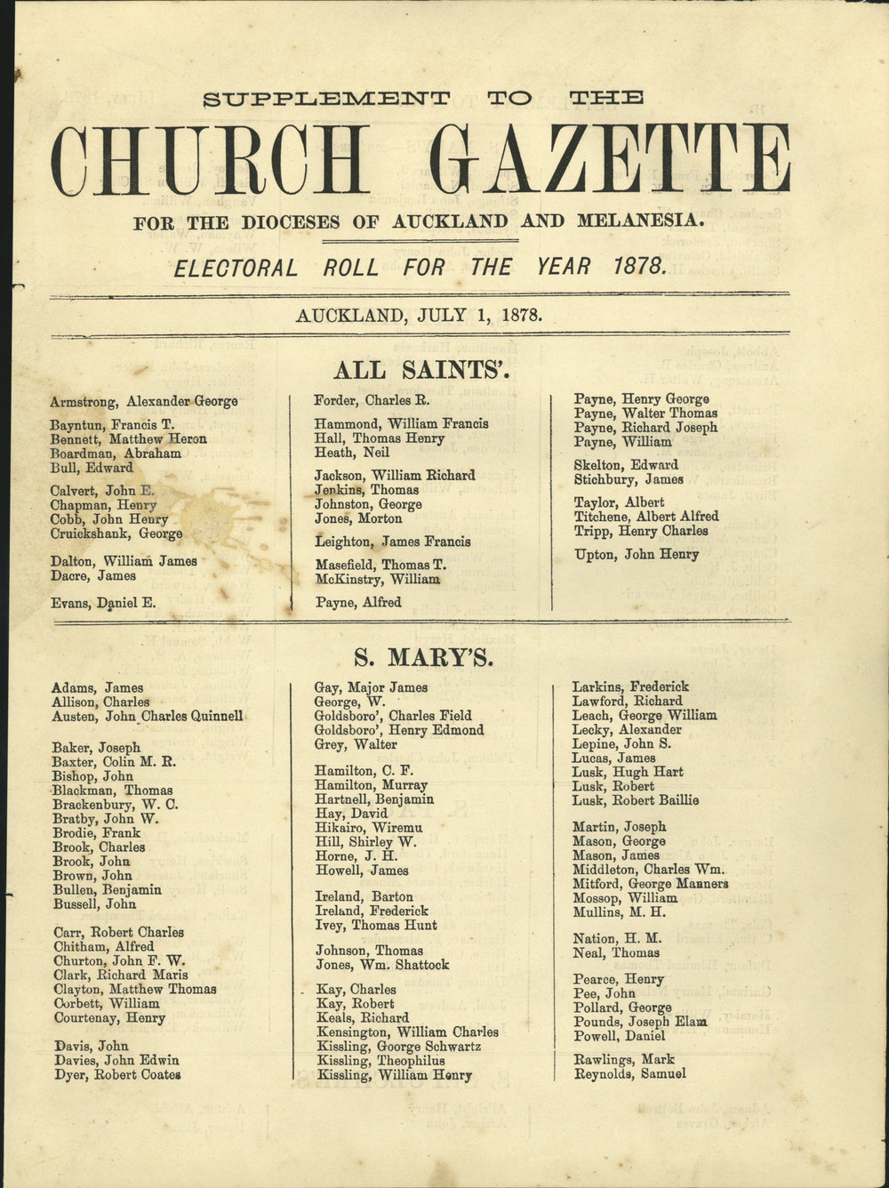 Church Gazette, Auckland: July 1878 Supplement