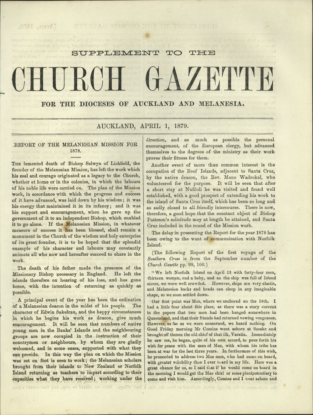 Church Gazette, Auckland: April 1879 Supplement