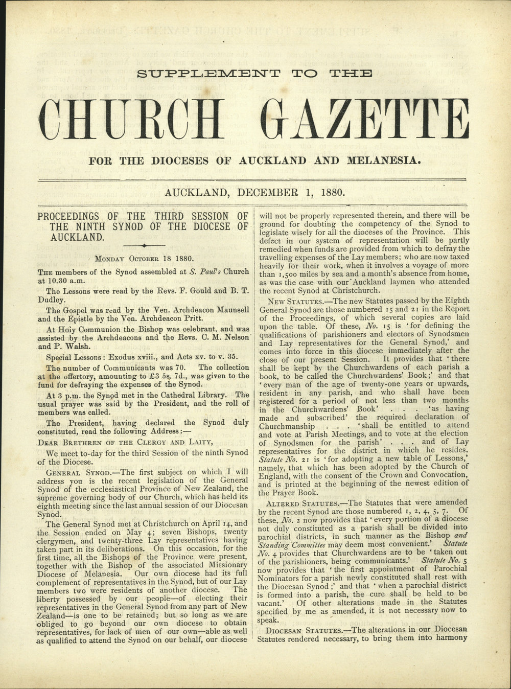 Church Gazette, Auckland: December 1880 Supplement
