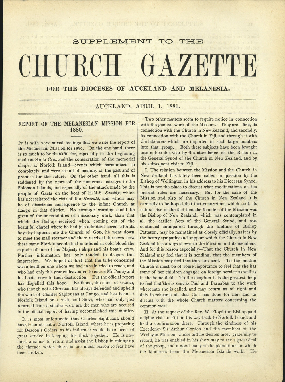 Church Gazette, Auckland: April 1881 Supplement