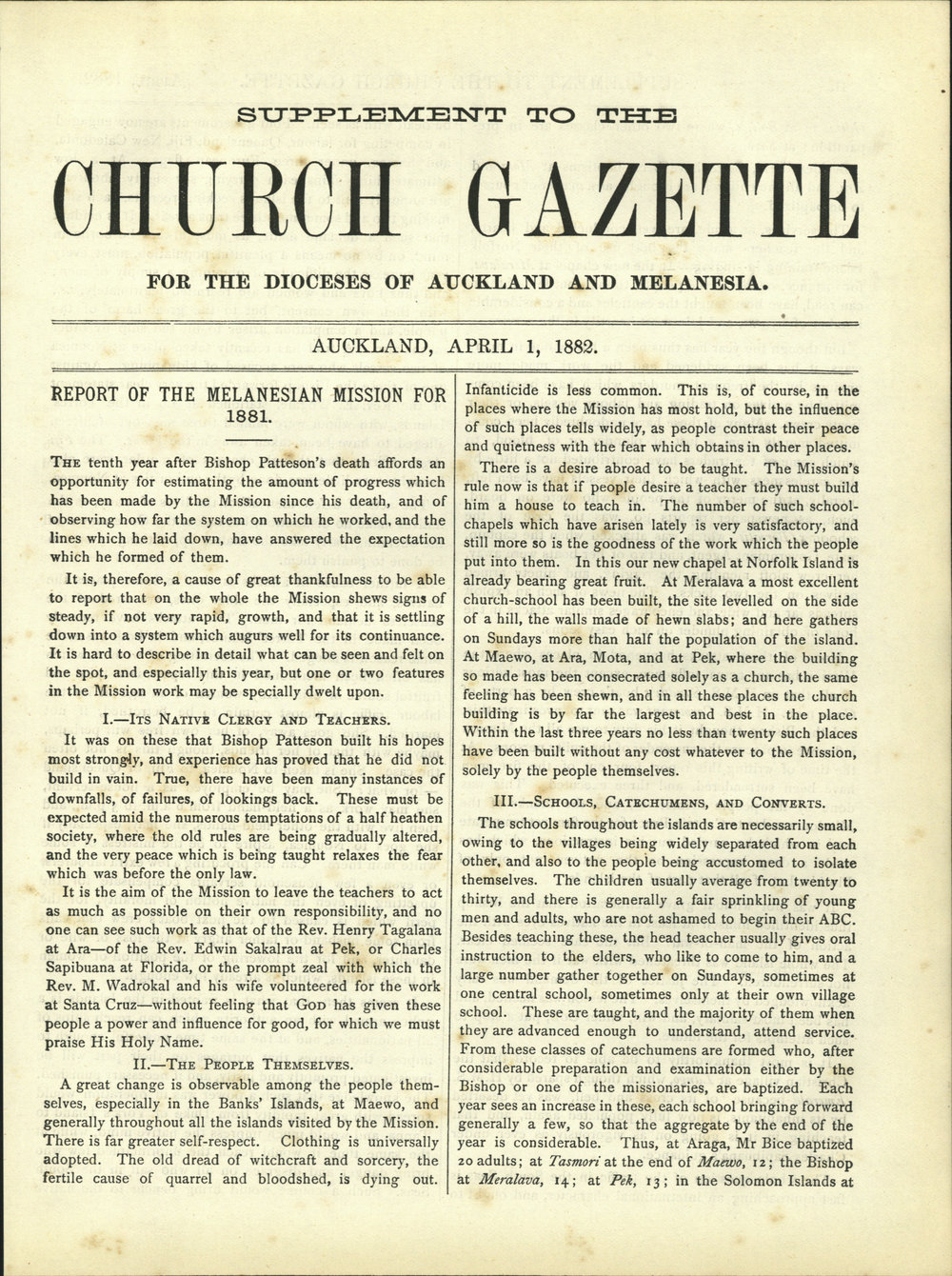 Church Gazette, Auckland: April 1882 Supplement