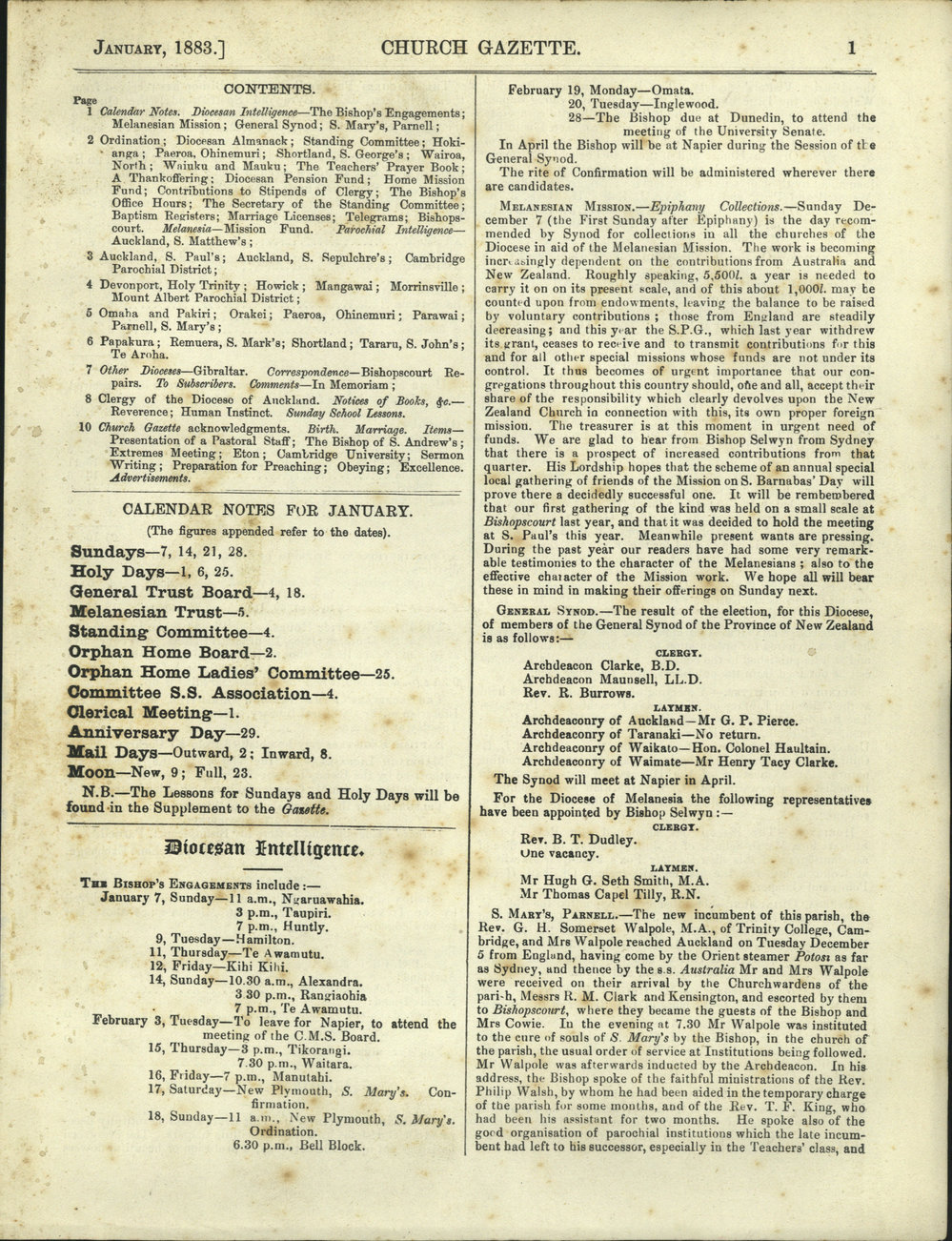 Church Gazette, Auckland: January 1883