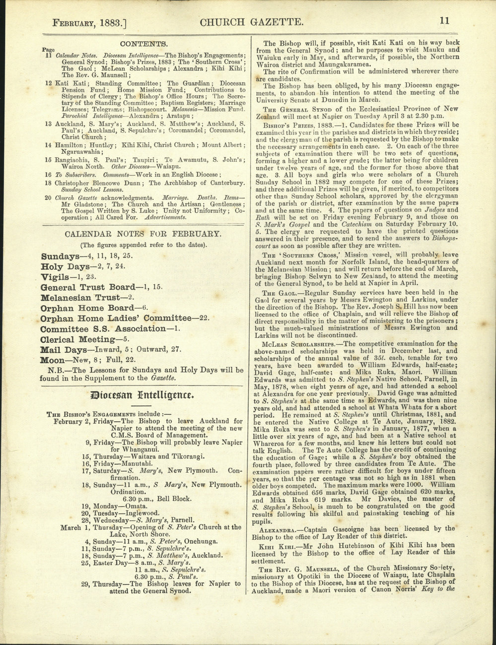 Church Gazette, Auckland: February 1883