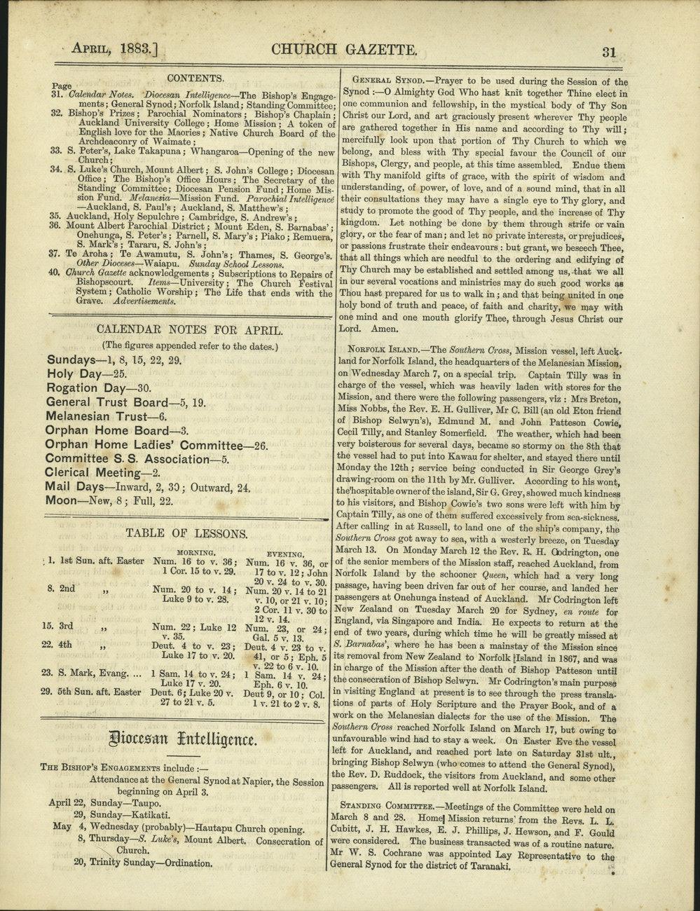 Church Gazette, Auckland: April 1883