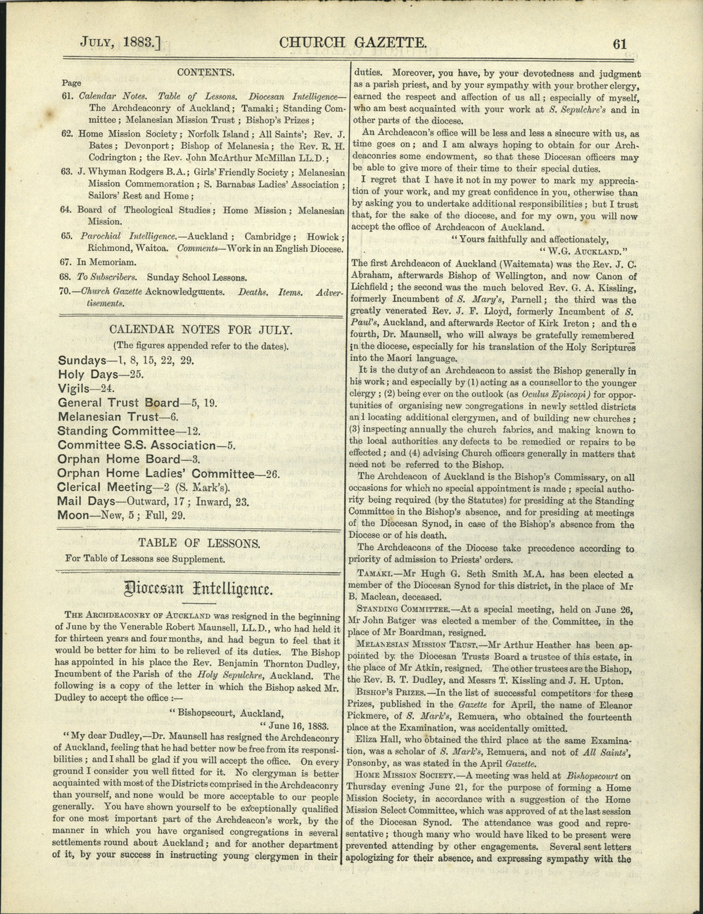 Church Gazette, Auckland: July 1883