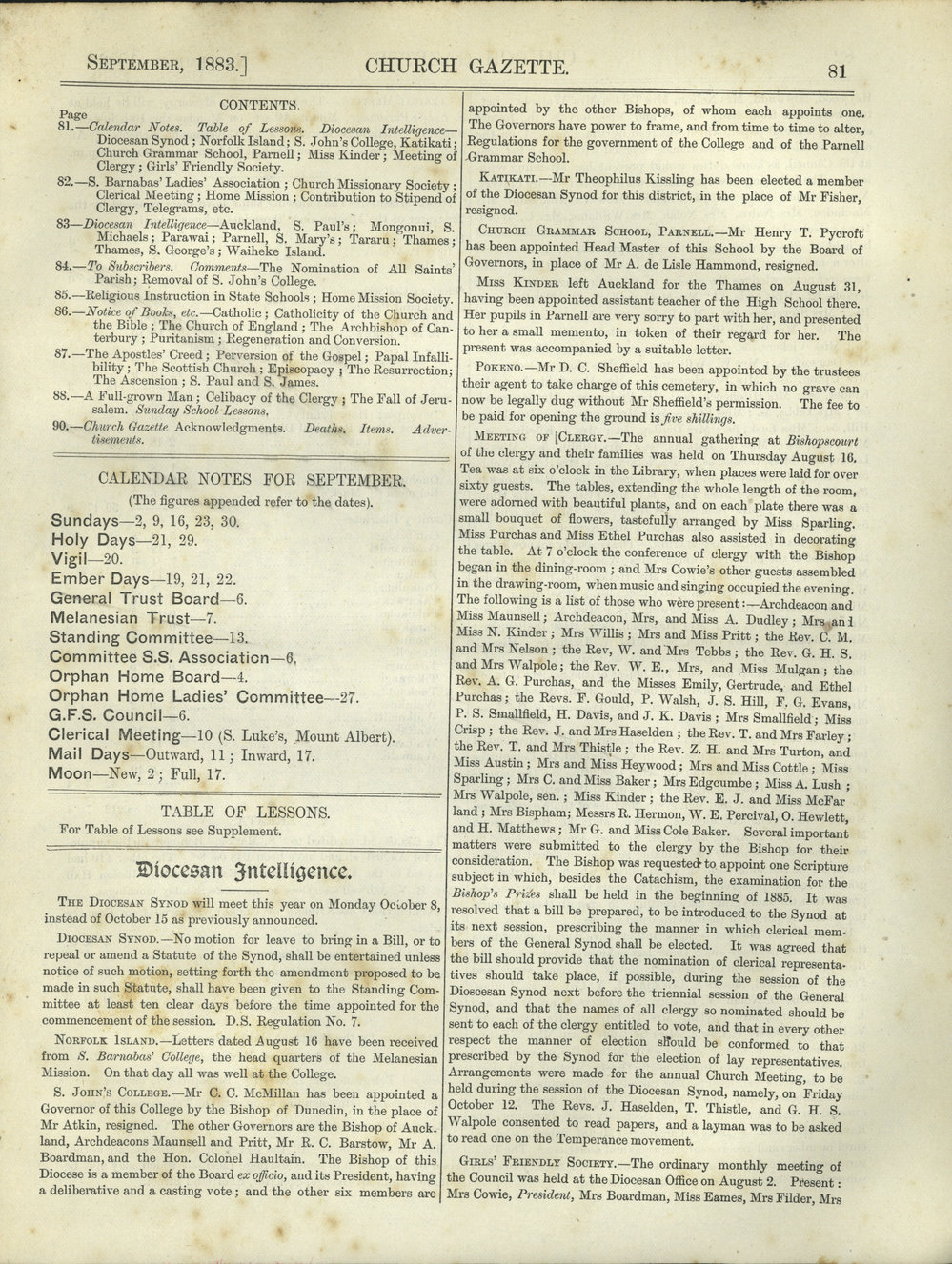 Church Gazette, Auckland: September 1883