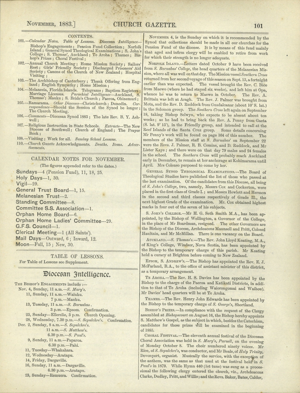 Church Gazette, Auckland: November 1883