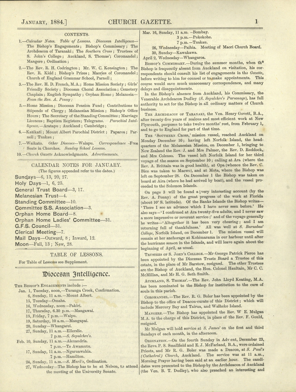 Church Gazette, Auckland: January 1884