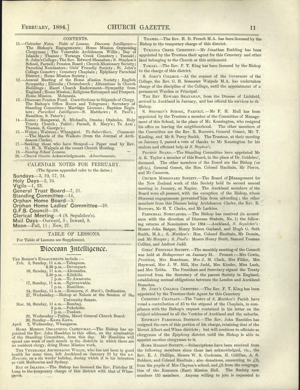 Church Gazette, Auckland: February 1884