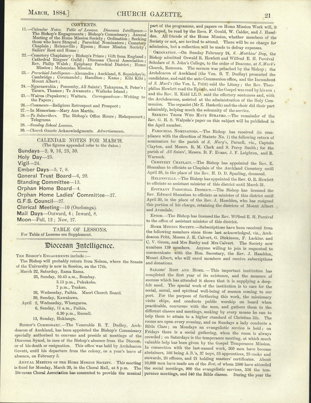 Church Gazette, Auckland: March 1884