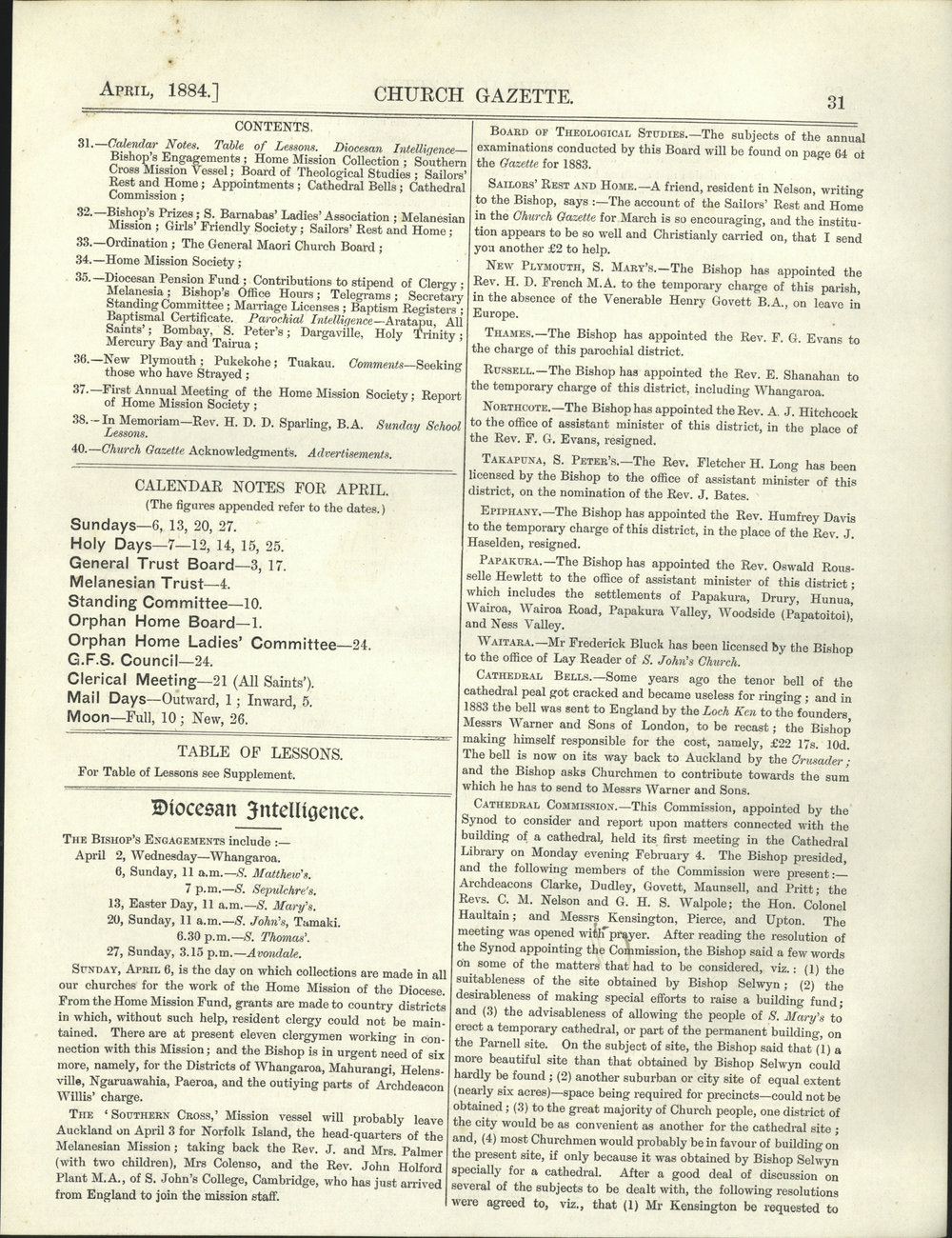 Church Gazette, Auckland: April 1884