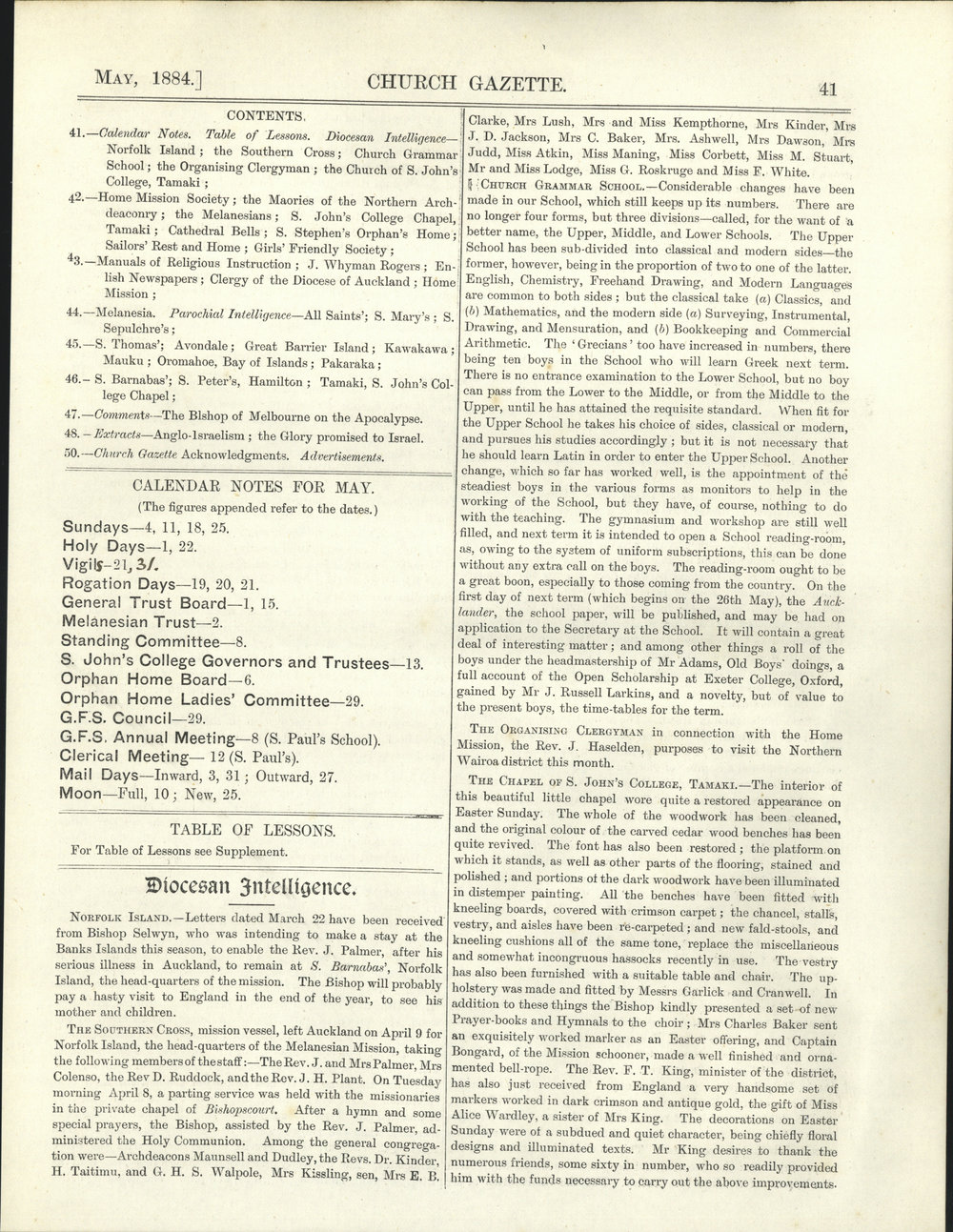 Church Gazette, Auckland: May 1884