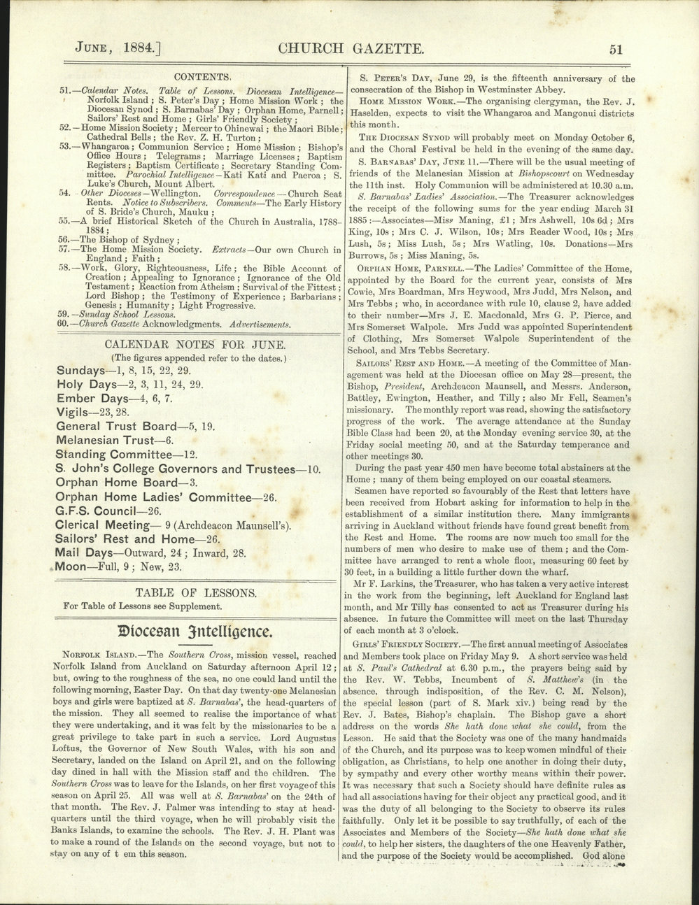 Church Gazette, Auckland: June 1884