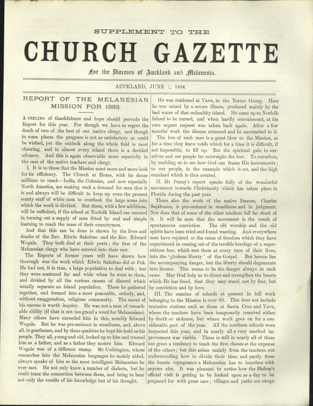 Church Gazette, Auckland: June 1884 Supplement