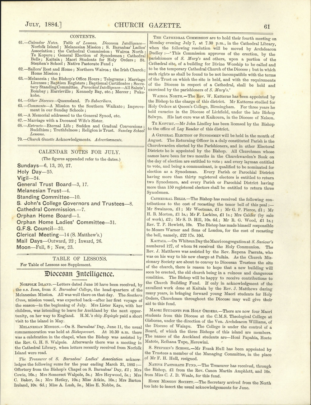 Church Gazette, Auckland: July 1884