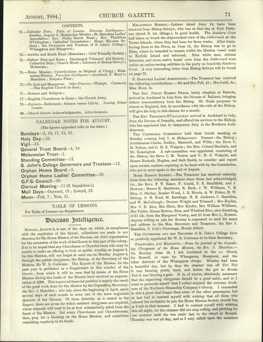 Church Gazette, Auckland: August 1884