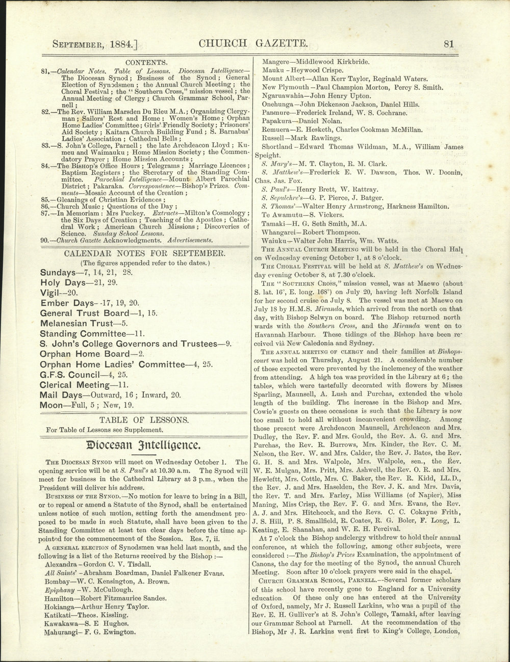Church Gazette, Auckland: September 1884