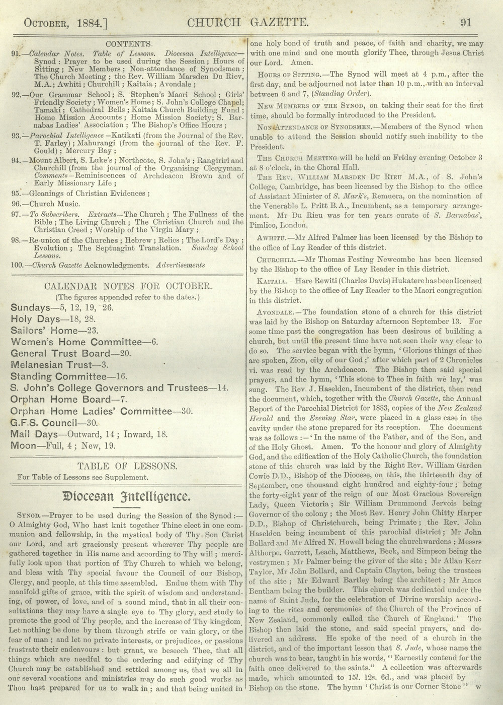 Church Gazette, Auckland: October 1884