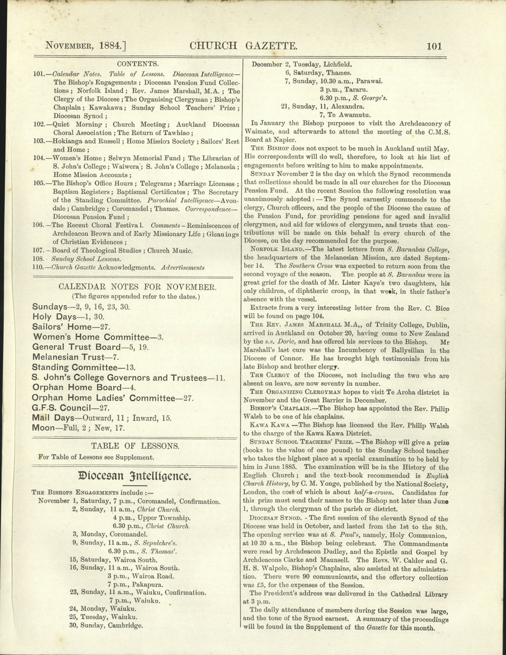 Church Gazette, Auckland: November 1884