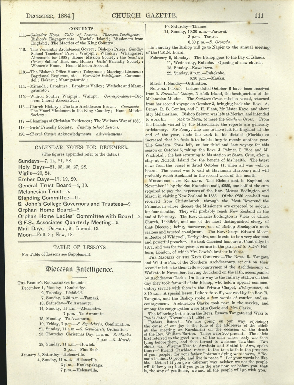 Church Gazette, Auckland: December 1884