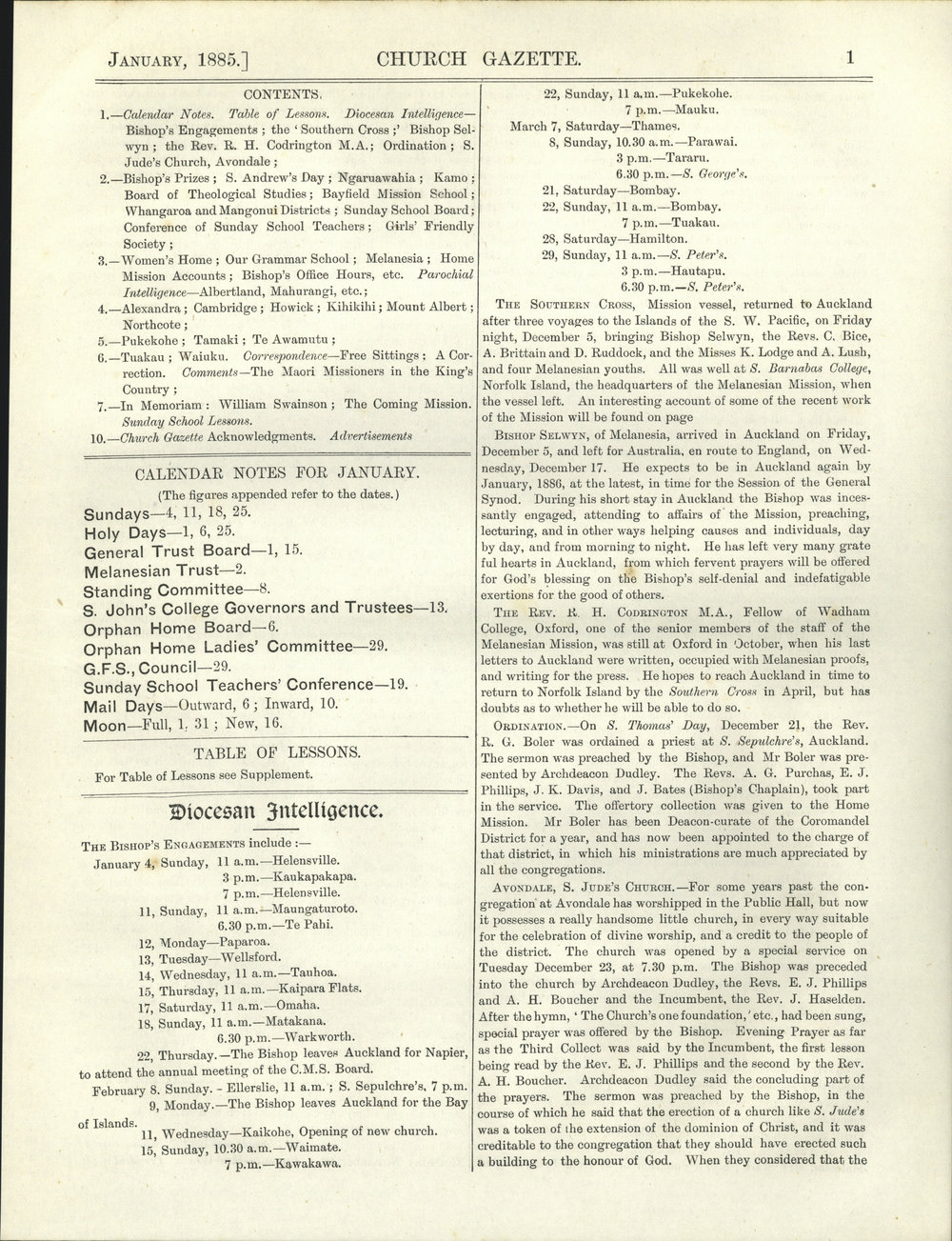 Church Gazette, Auckland: January 1885