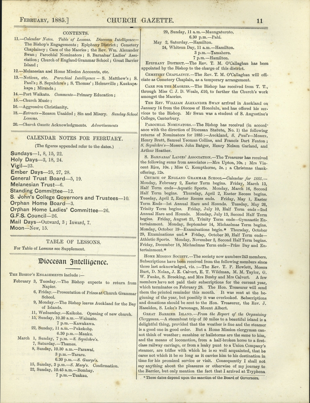 Church Gazette, Auckland: February 1885