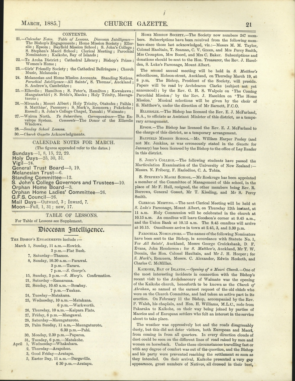 Church Gazette, Auckland: March 1885