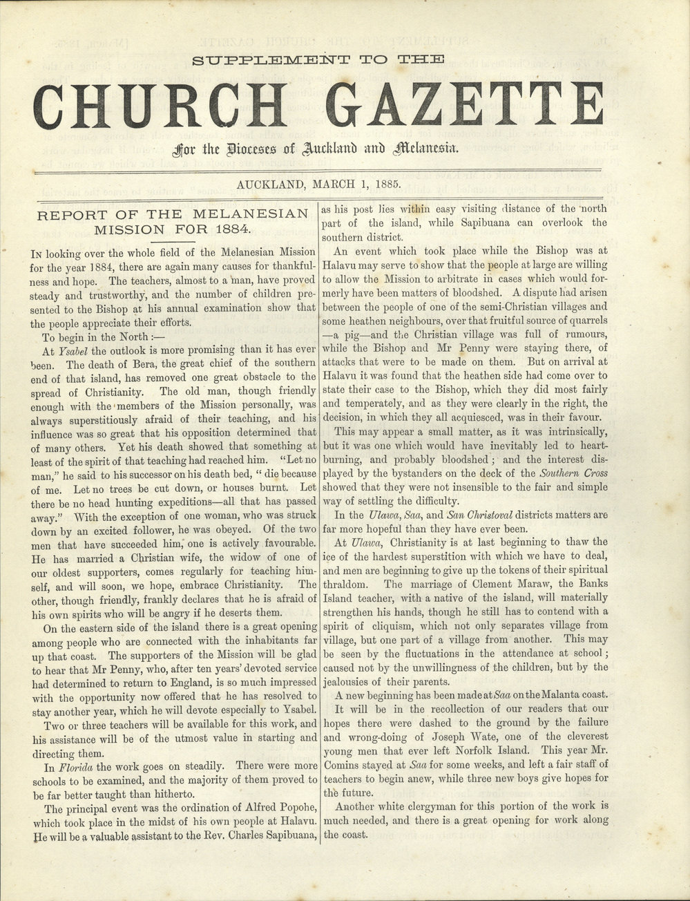 Church Gazette, Auckland: March 1885 Supplement