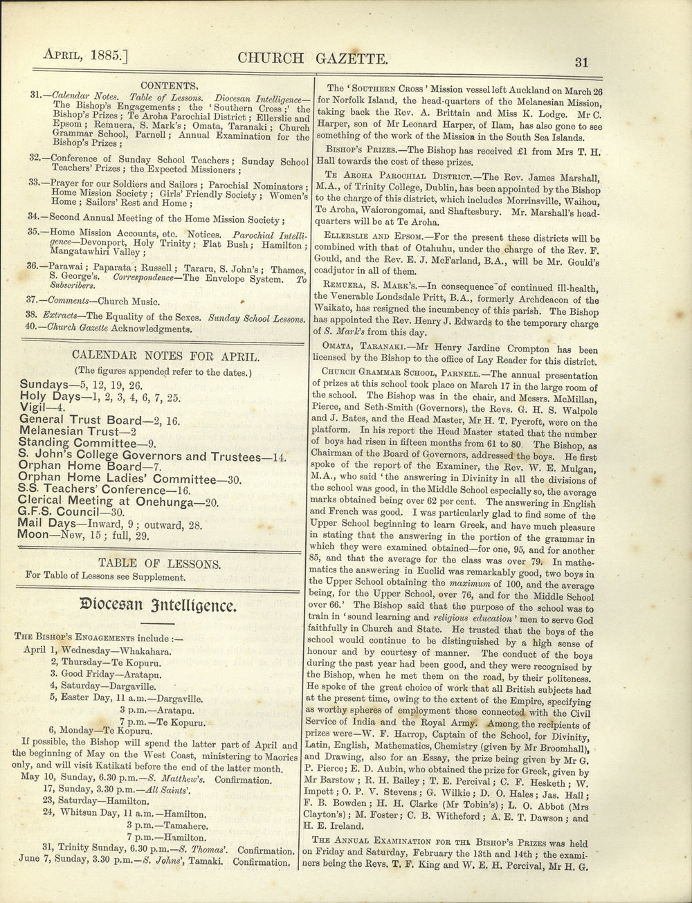 Church Gazette, Auckland: April 1885