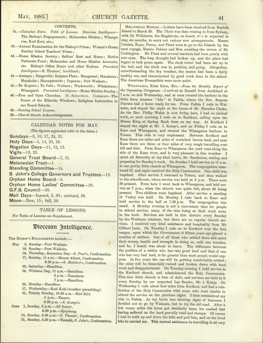 Church Gazette, Auckland: May 1885