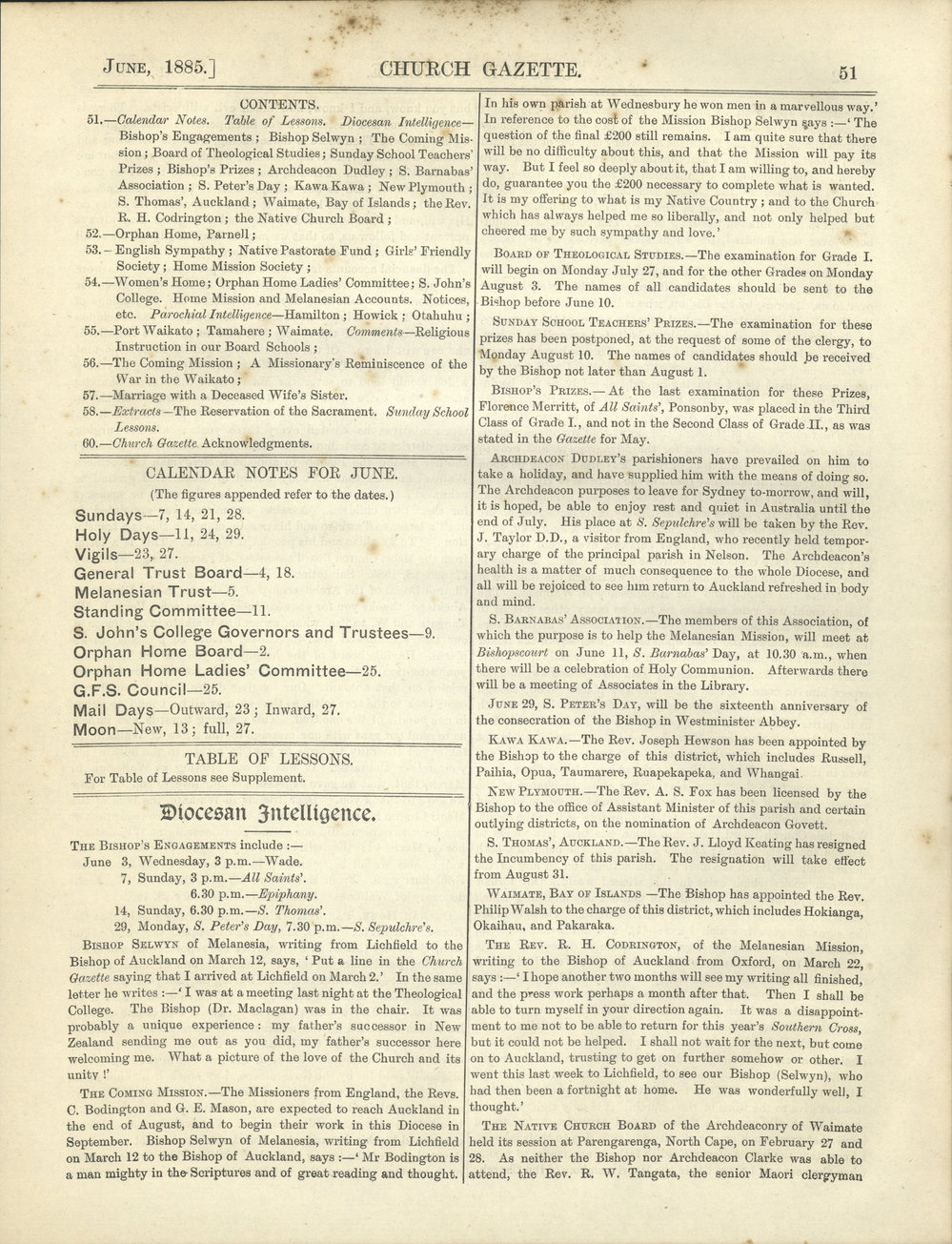 Church Gazette, Auckland: June 1885