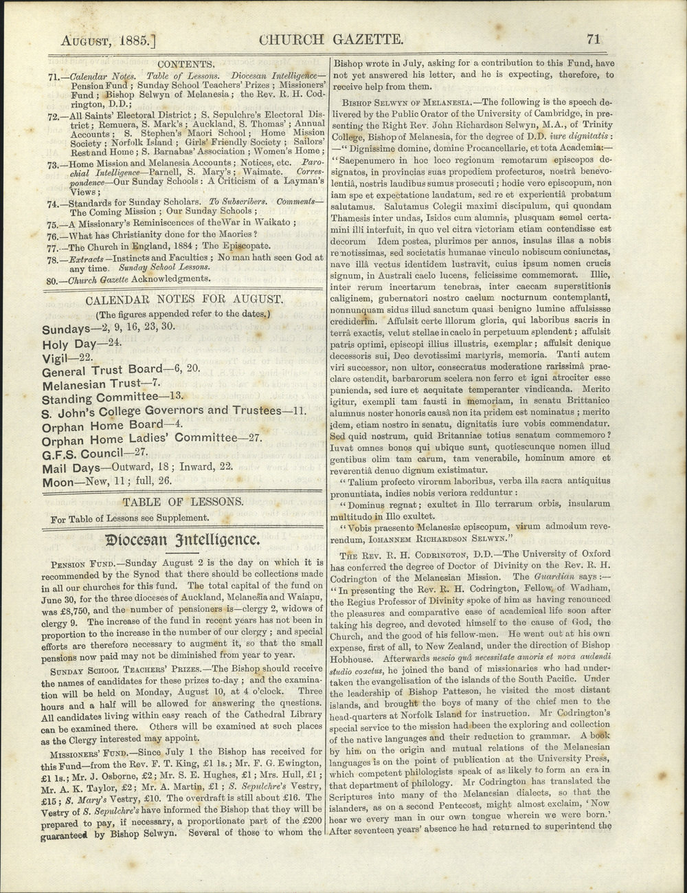 Church Gazette, Auckland: August 1885