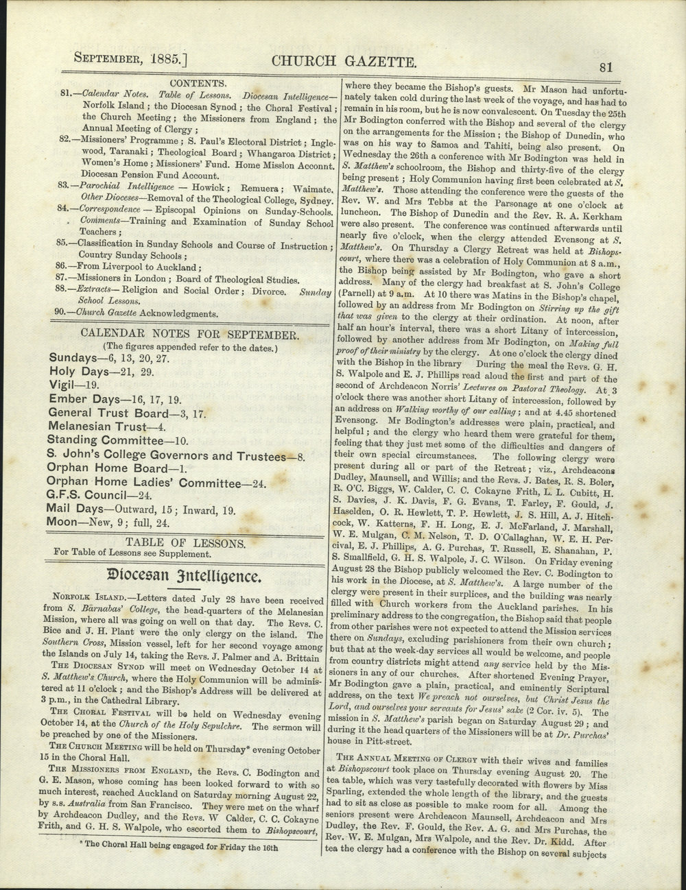 Church Gazette, Auckland: September 1885