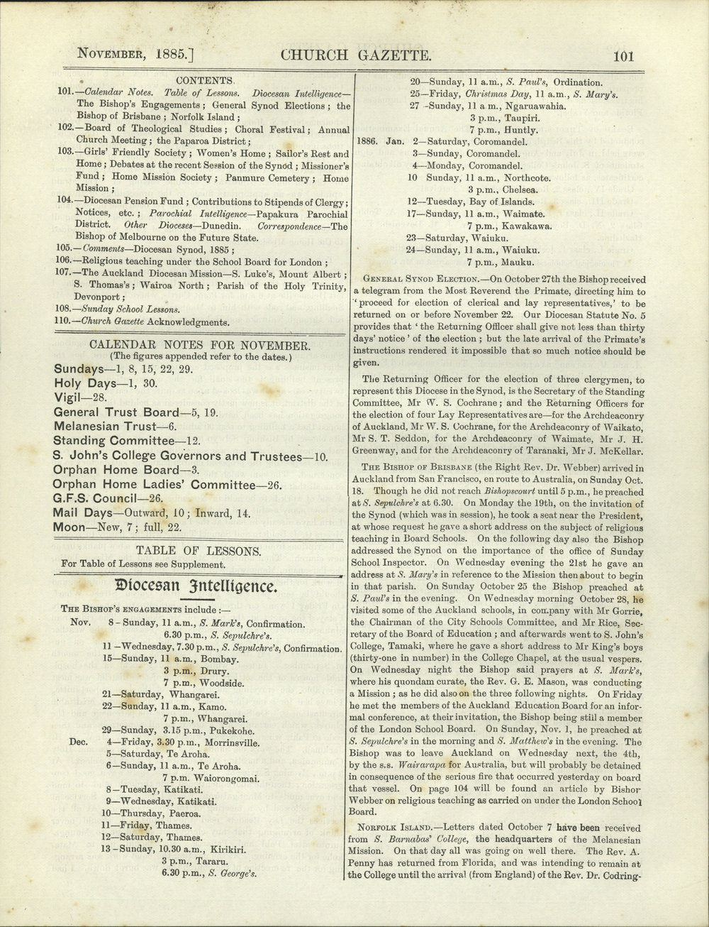 Church Gazette, Auckland: November 1885