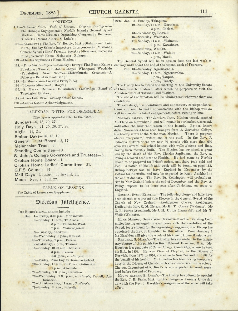 Church Gazette, Auckland: December 1885