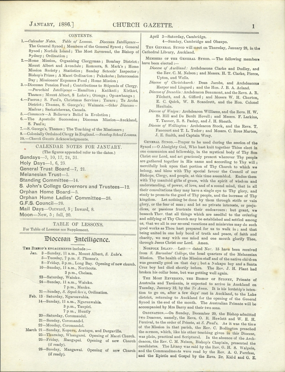 Church Gazette, Auckland: January 1886