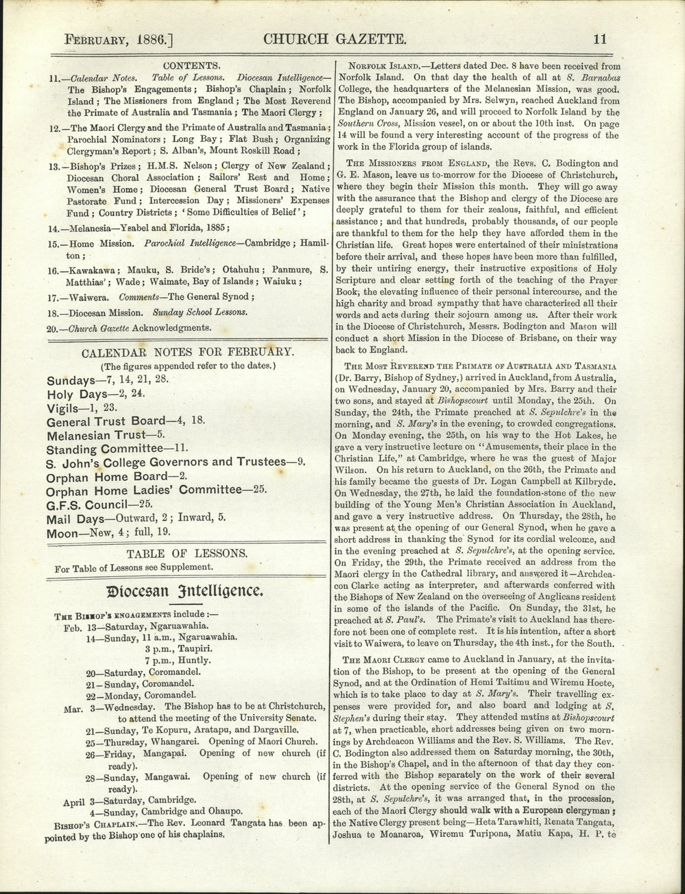 Church Gazette, Auckland: February 1886