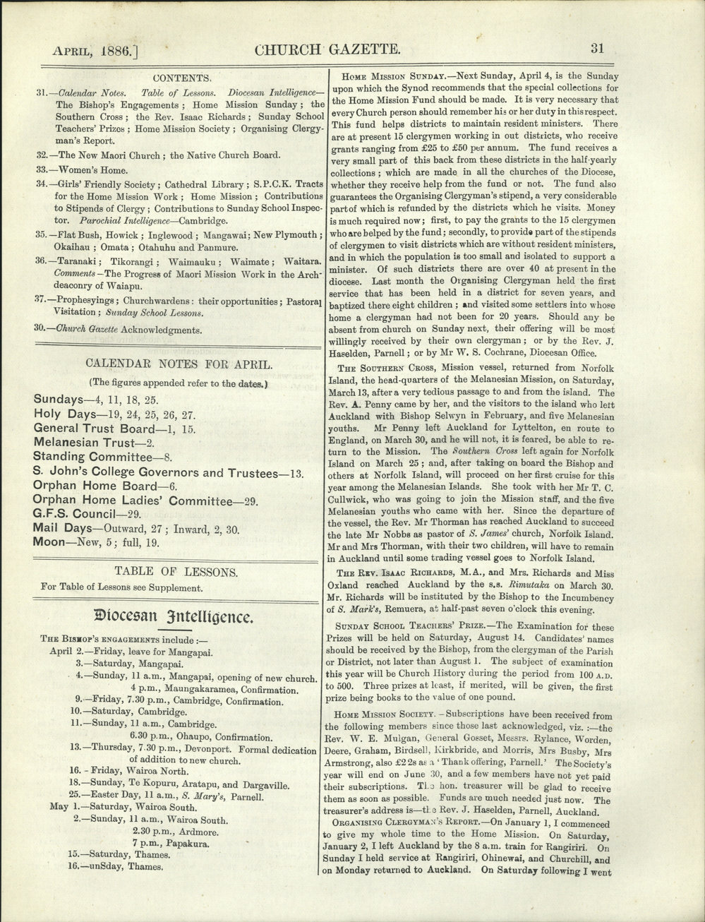 Church Gazette, Auckland: April 1886