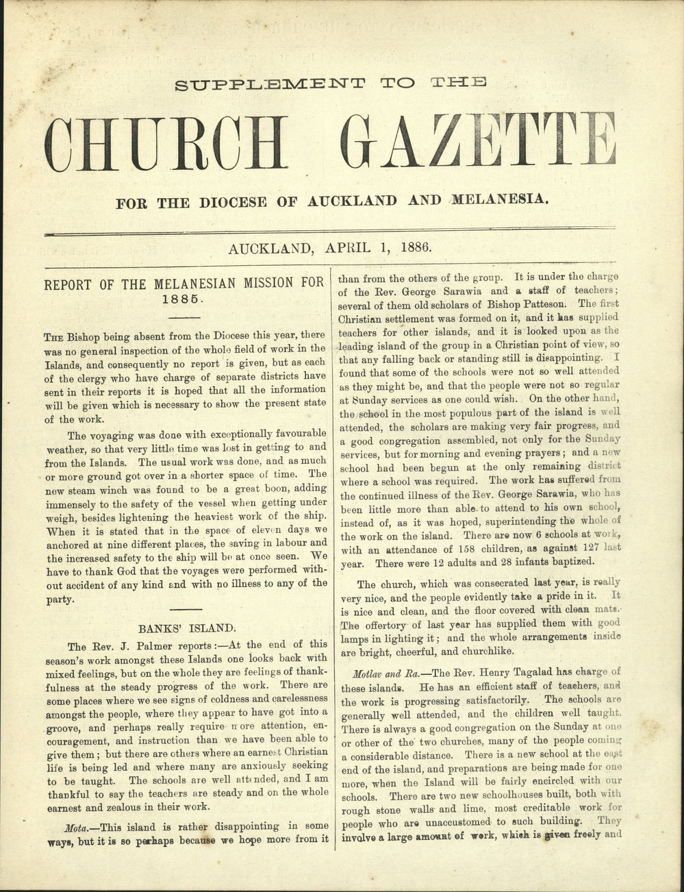 Church Gazette, Auckland: April 1886 Supplement