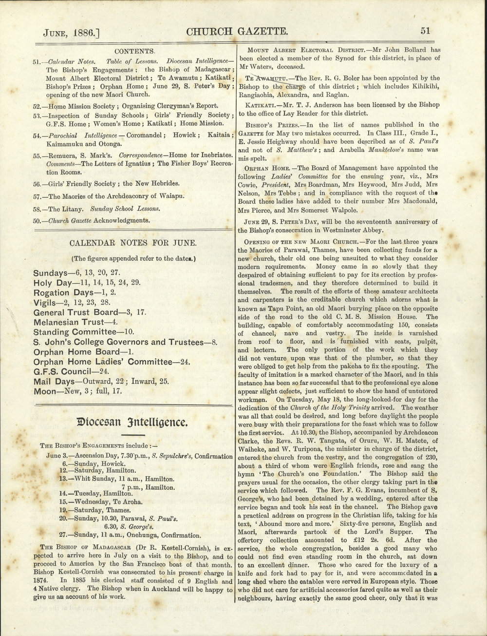 Church Gazette, Auckland: June 1886