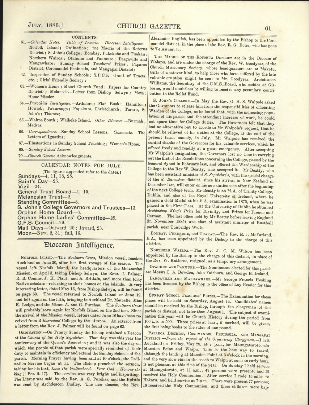Church Gazette, Auckland: July 1886
