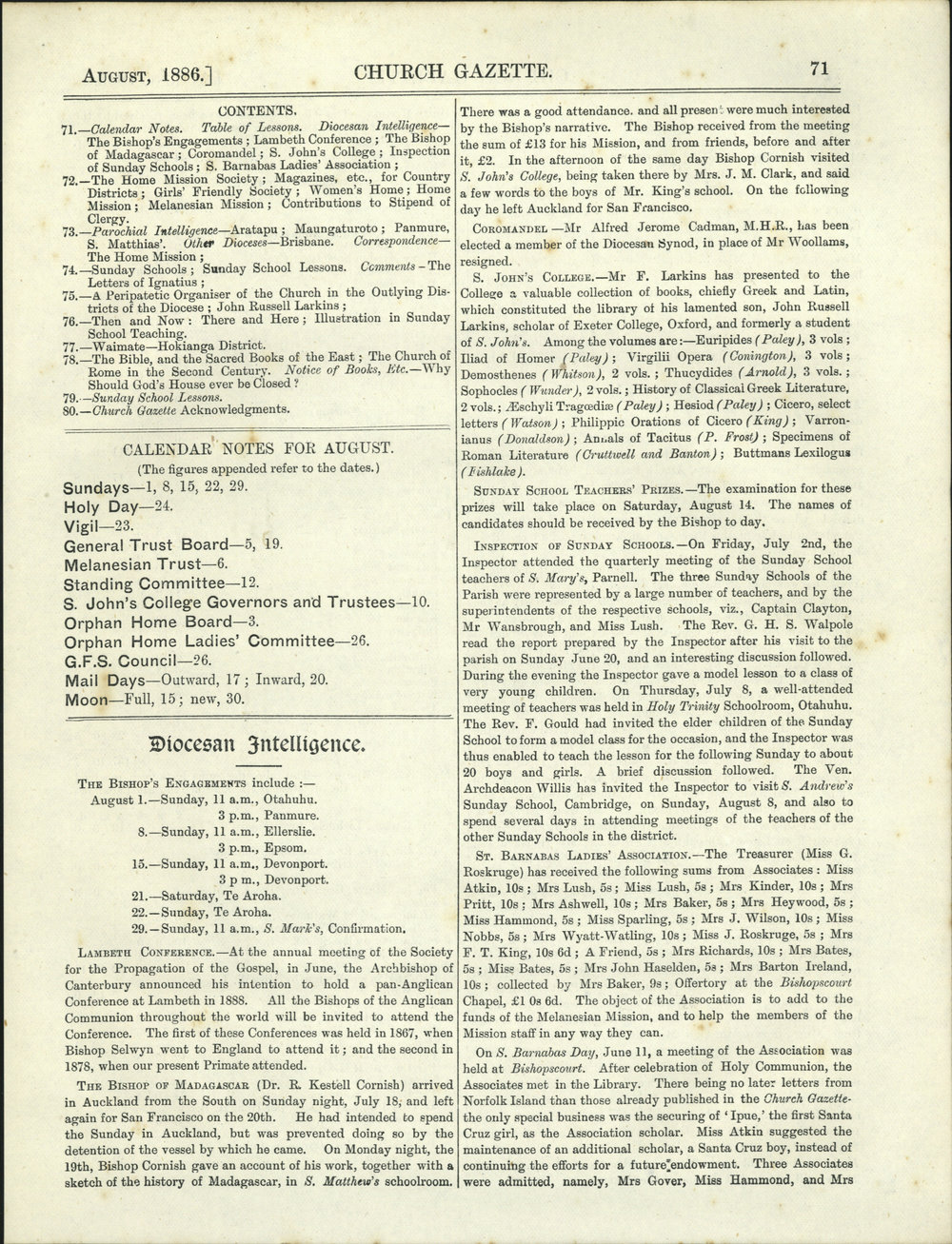 Church Gazette, Auckland: August 1886