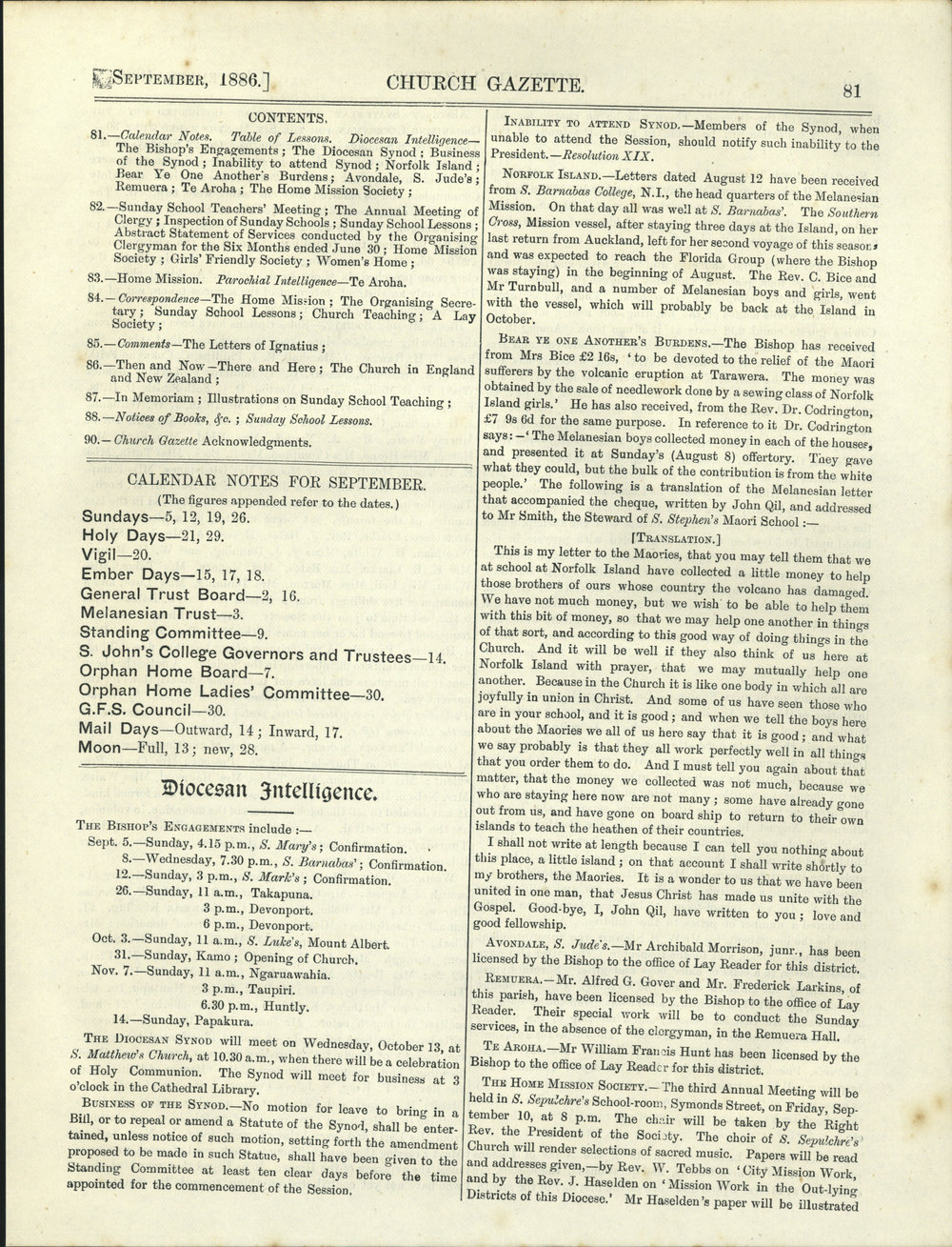 Church Gazette, Auckland: September 1886