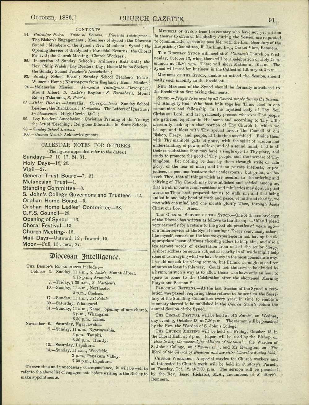 Church Gazette, Auckland: October 1886