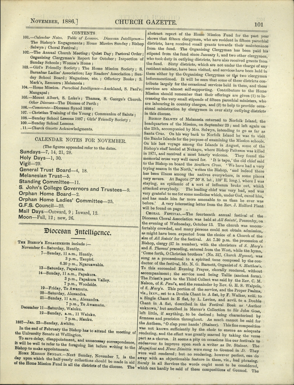 Church Gazette, Auckland: November 1886