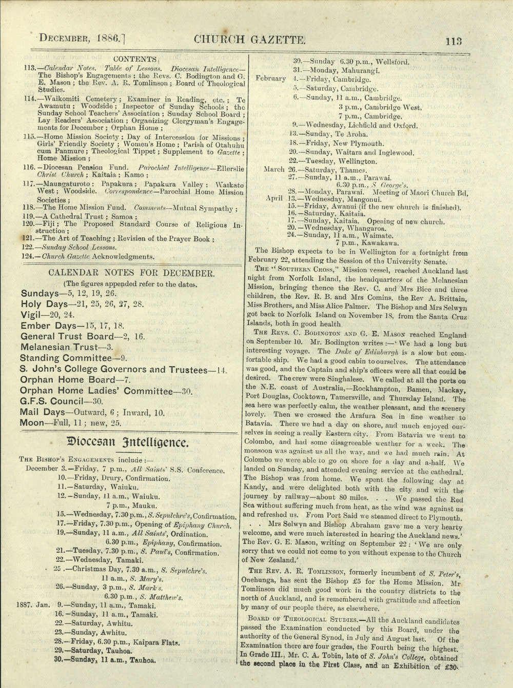 Church Gazette, Auckland: December 1886
