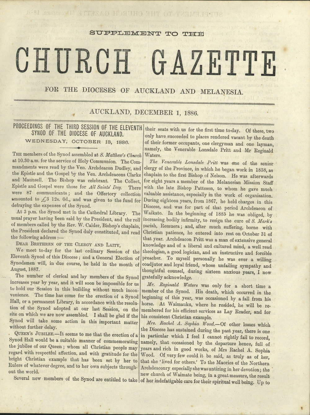 Church Gazette, Auckland: December 1886 Supplement