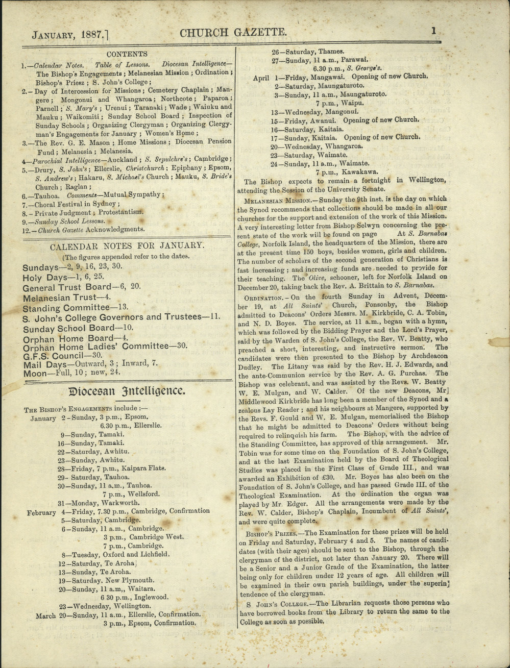 Church Gazette, Auckland: January 1887