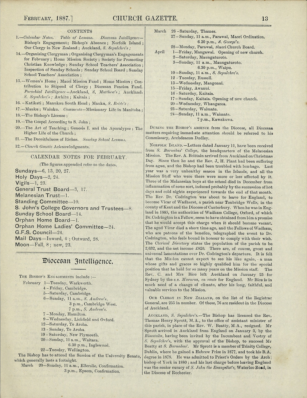 Church Gazette, Auckland: February 1887