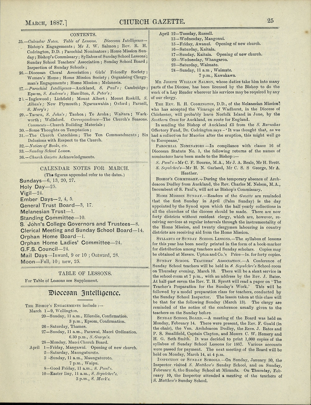 Church Gazette, Auckland: March 1887